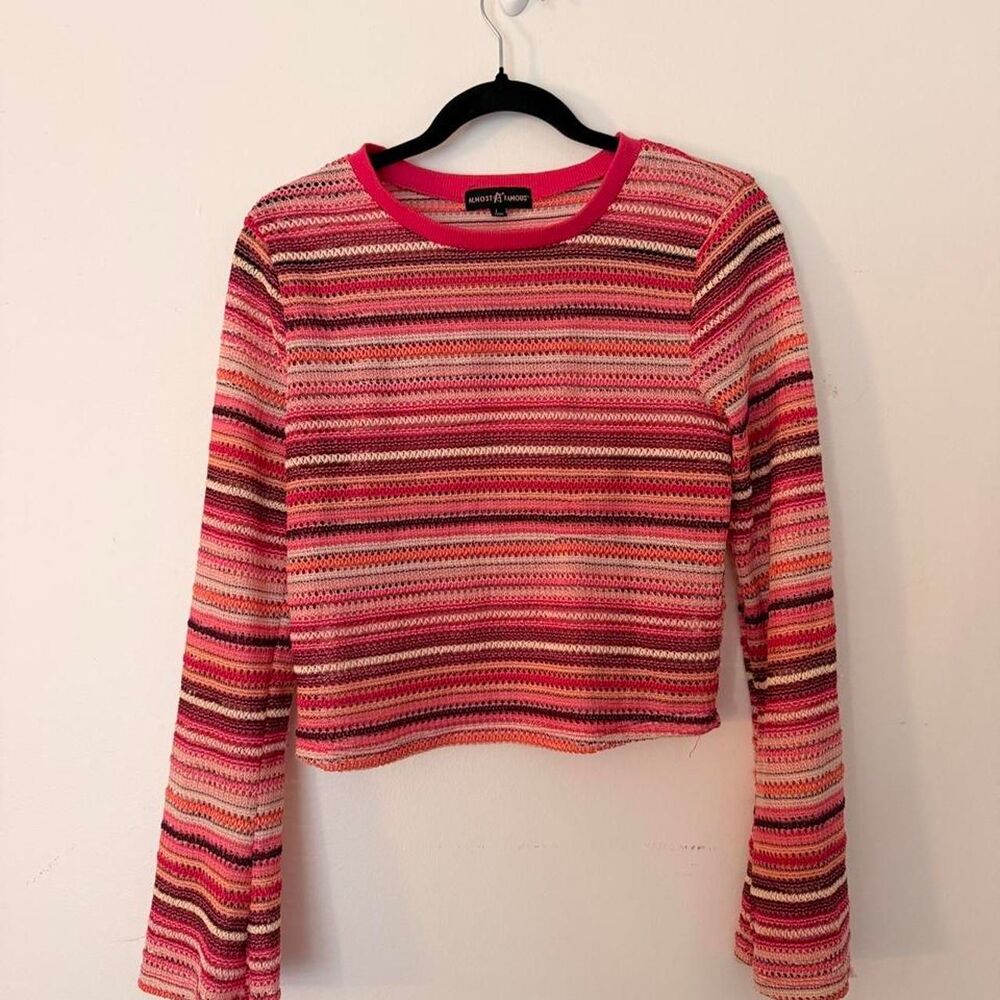 VINTAGE Y2K Almost Famous pink multicolor stripe knit bell sleeve crop top, Size